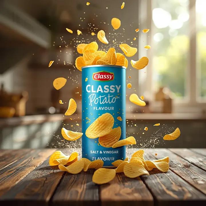 超写实的商业零食产品摄影：一个高高的圆柱形薯片罐，标签为“Classy Potato – Salt & Vinegar Flavour”（典雅薯仔——盐醋口味），直立放置在质朴的木质厨...