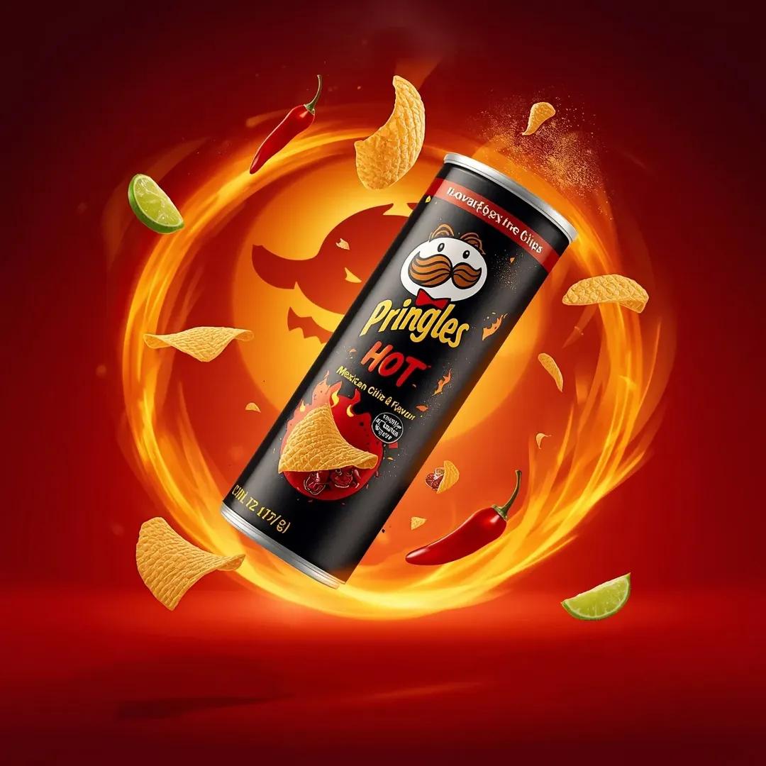 超写实电影感休闲零食广告摄影：一个倾斜悬浮在空中的“Pringles HOT – Mexican Chili & Lime Flavour”（品客劲爽——墨西哥辣椒青柠味）薯片罐。黑色...
