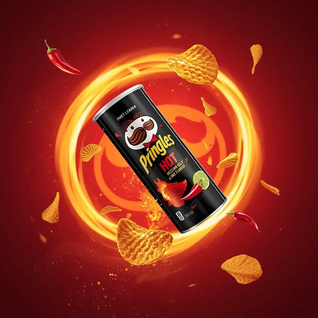 超写实电影感休闲零食广告摄影：一个倾斜悬浮在空中的“Pringles HOT – Mexican Chili & Lime Flavour”（品客劲爽——墨西哥辣椒青柠味）薯片罐。黑色...