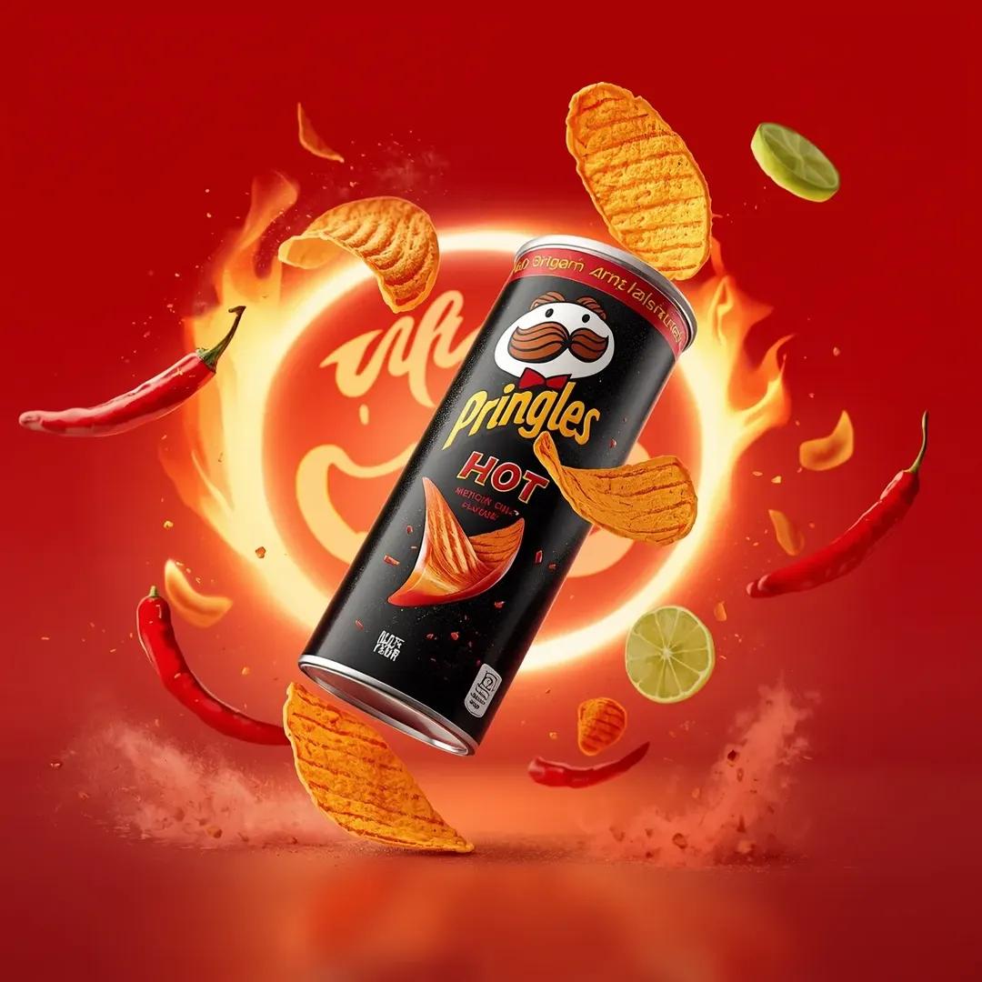 超写实电影感休闲零食广告摄影：一个倾斜悬浮在空中的“Pringles HOT – Mexican Chili & Lime Flavour”（品客劲爽——墨西哥辣椒青柠味）薯片罐。黑色...