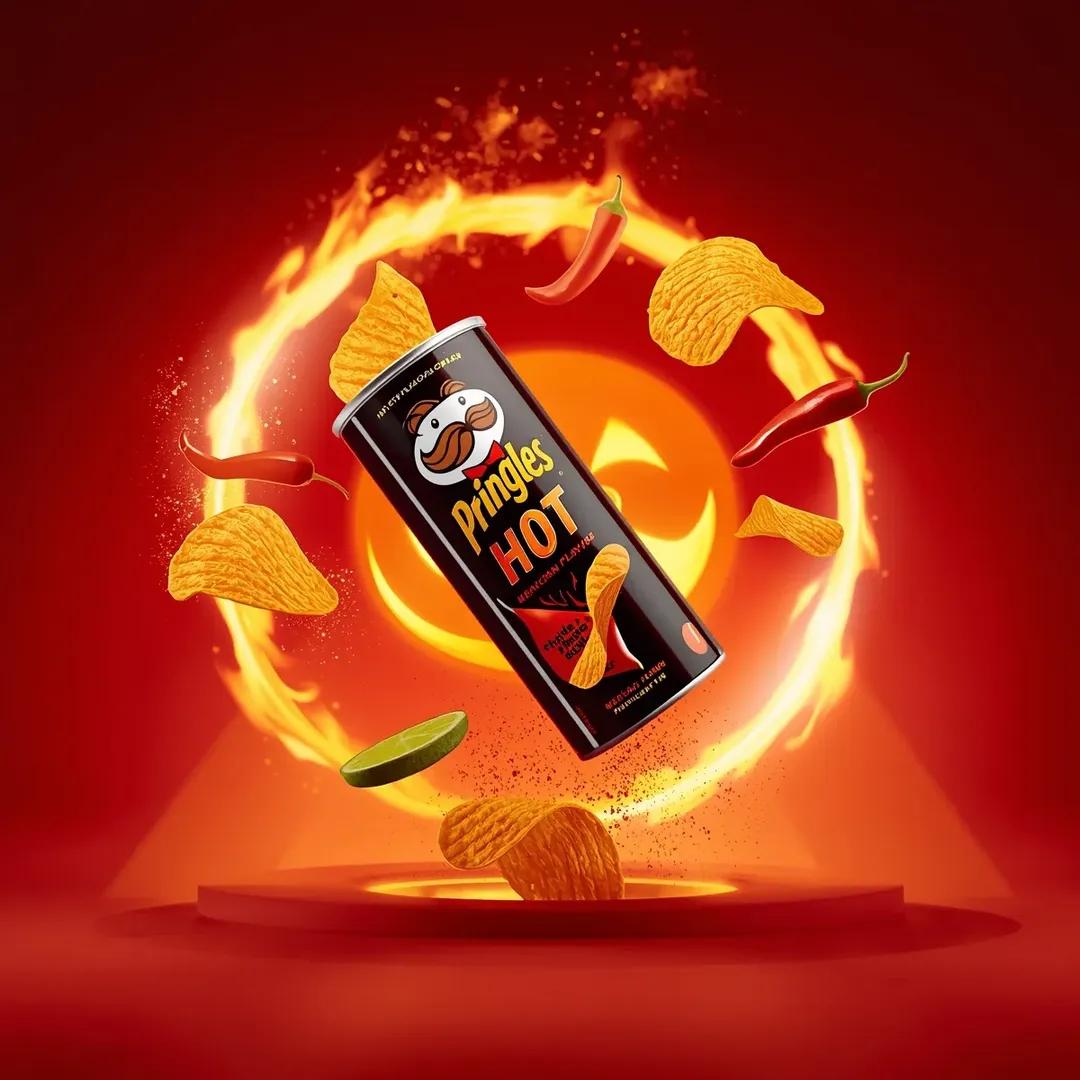 超写实电影感休闲零食广告摄影：一个倾斜悬浮在空中的“Pringles HOT – Mexican Chili & Lime Flavour”（品客劲爽——墨西哥辣椒青柠味）薯片罐。黑色...