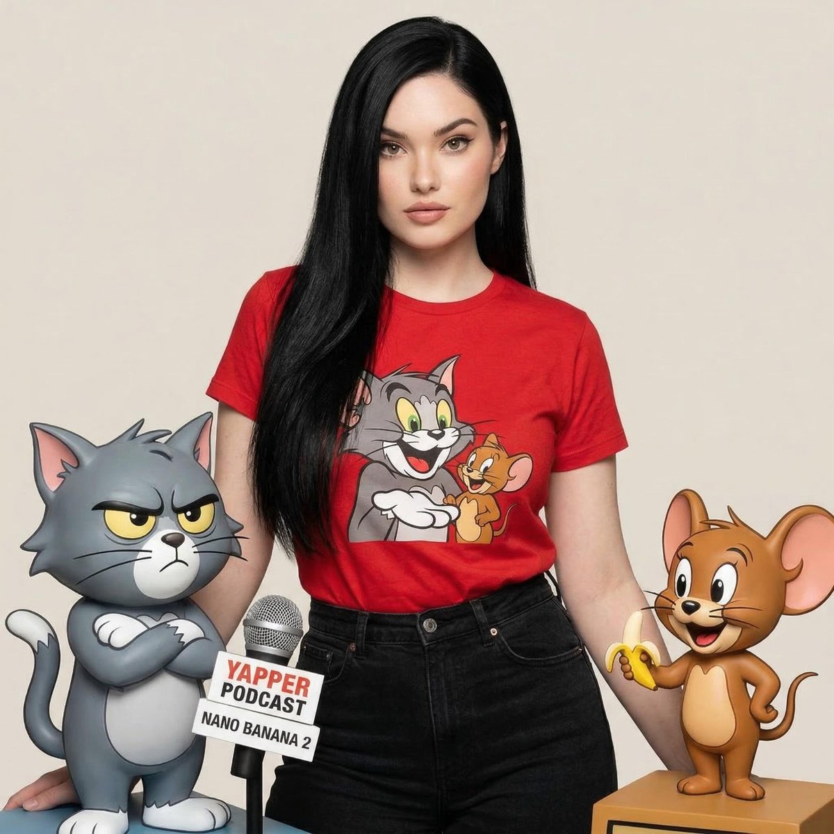 { "image_generation": { "subject": { "description": "时尚的年轻女性站在两个类似于经典猫和老鼠组合的卡通角色之间", "pose": "直立...