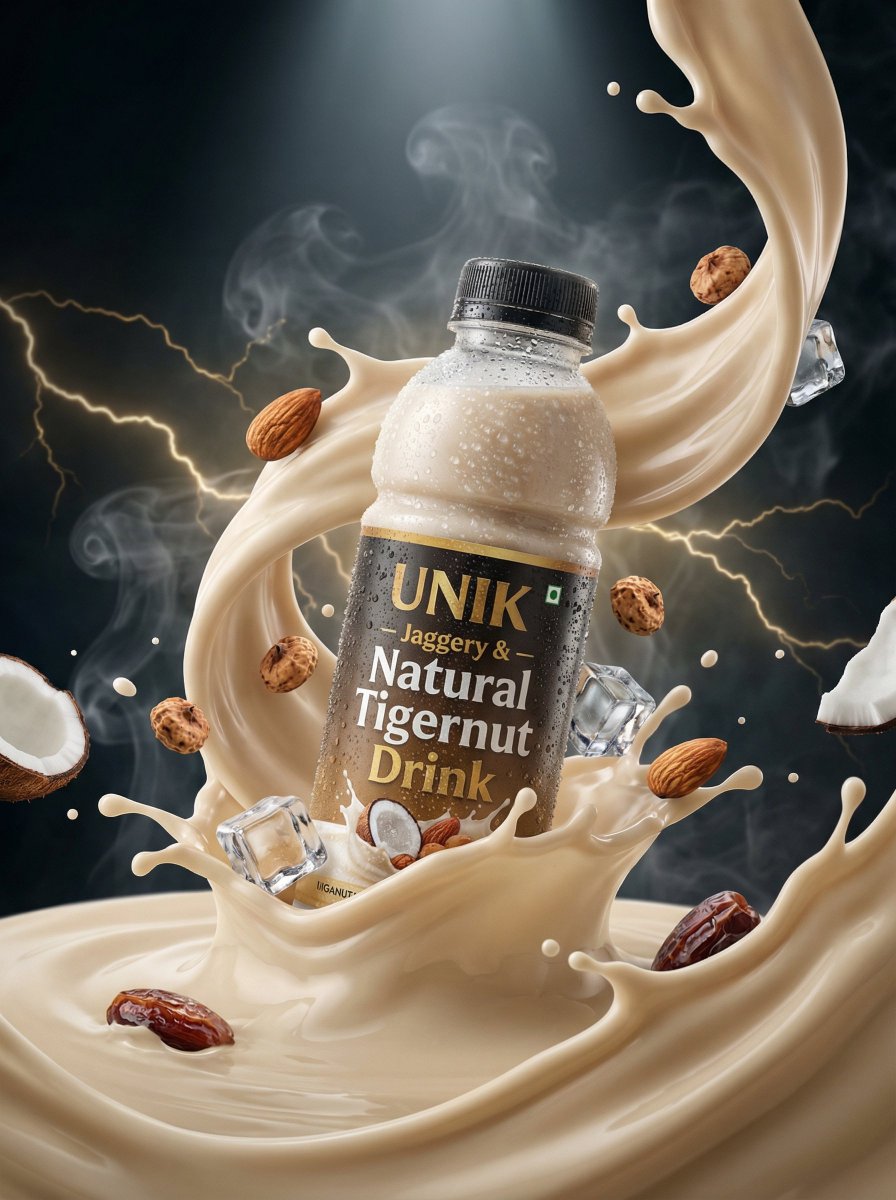 Nano Banana Pro 于 @SocialSight 提示词 1：超写实的生活方式饮品广告，画面中是一瓶冰镇过的“UNIK – Jaggery & Natural Tigern...