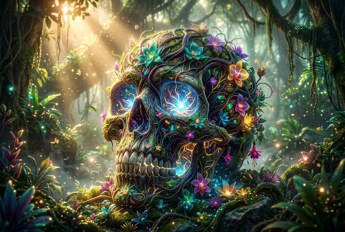 一幅令人叹为观止的史诗级杰作——Nano Banana（纳米香蕉），仿佛有机地从古老而交错的宇宙植物、发光的奇异花卉以及脉动着生命光芒的藤蔓中生长而出。叶状纹理、精致花瓣与绽放形态无缝融合、变...