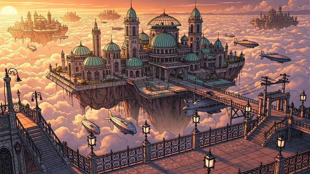 一座由 Seedream 4.5 生成的巨大浮空天空之城 Prompt Create a highly detailed cinematic environmental illustratio...