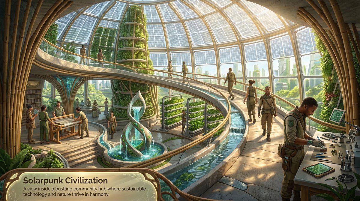 使用 Nano banana 2 生成的一个随机太阳能朋克（solarpunk）场景 Prompt 变量指南 1. PUNK_STYLE = [选择一种朋克美学风格。如果留空，将从 LIST_...
