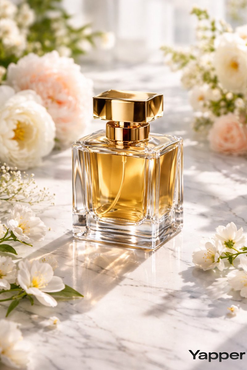 Google Nano Banana Pro 于 @yapper_so 提示语; 超奢华香水广告大片,优雅的玻璃香水瓶放置在抛光黑色大理石台面上,带有金色反光,柔和的电影级光影,深色忧郁背景,...