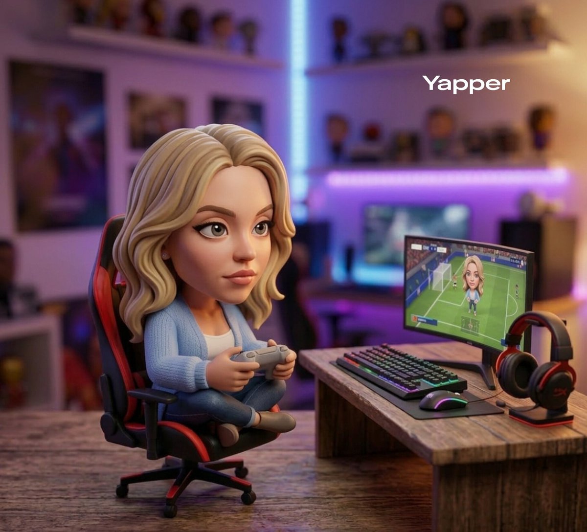 游戏时间到啦 😁 为 @yapper_so 使用 Nano Banana 提示词 👇 可爱的风格化 3D 收藏手办，灵感来自一位足球明星，拥有风格化的发型和运动服，随意地坐在一把迷你游戏椅上，...