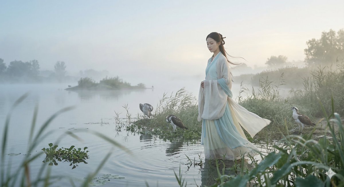 灵感来自中国古代《诗经》开篇之作《关雎》,创作一幅充满古典东方诗意的图像。整体氛围应空灵、含蓄、柔和、细腻而雅致,具备传统东方美学中的留白意趣与朦胧之美,宛如一首包裹在晨雾中的古诗。场景设定在...