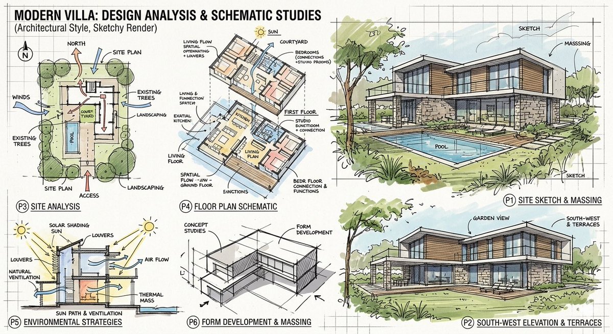 创建一个现代别墅的图像布局,附带草图分析渲染图 #AI #Architecture #DesignTech #Google #Innovation https://t.co/Cz7xYXxe4...