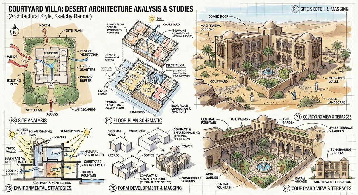 创建一个沙漠景观中带有传统伊斯兰建筑风格的庭院图像 #AI #Architecture #DesignTech #Google #Innovation https://t.co/CVMCG99...