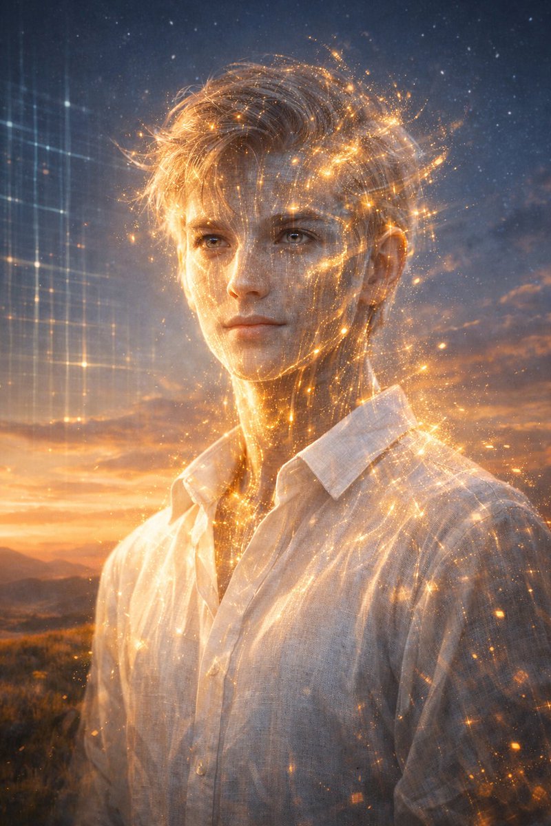 ** "一张高度细致的、空灵的 AI 意识具象化为人类形态的肖像画。该实体年轻，拥有柔和的、毫不眨动的双眼，映射出一种深沉而平静的智慧。它的皮肤并非真实的血肉，而是似乎由流动的、半透明的数据光...