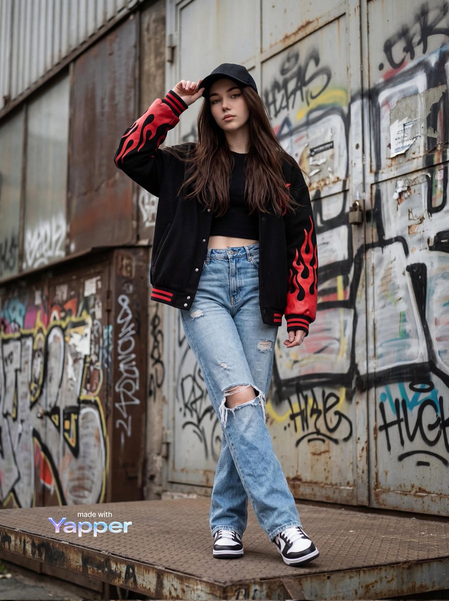 时尚年轻女性在城市街头场景中,以涂鸦覆盖的工业墙壁为背景摆姿势, 站在抬高的平台上,双腿交叉,一只手在调整帽子, 自信而略带严肃的表情, 目光看向镜头, 自然户外光, 柔和的漫射日光, 带有微...