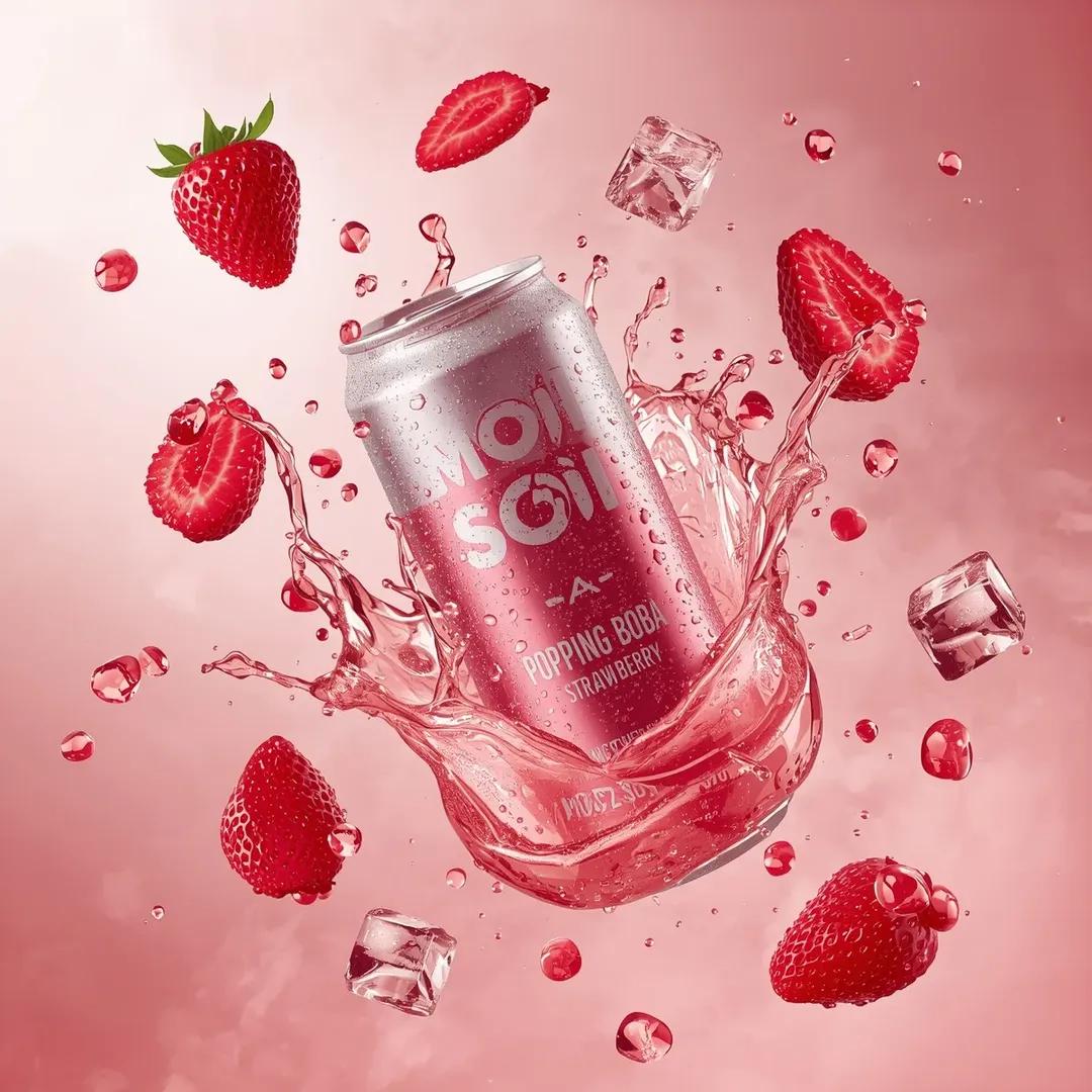 超逼真商业饮料广告拍摄：标有“MOI SOI – POPPING BOBA STRAWBERRY”字样的高铝罐斜向悬浮在空中。罐体采用充满活力的草莓粉色设计，带有光泽金属反光，表面覆盖着新鲜冷...