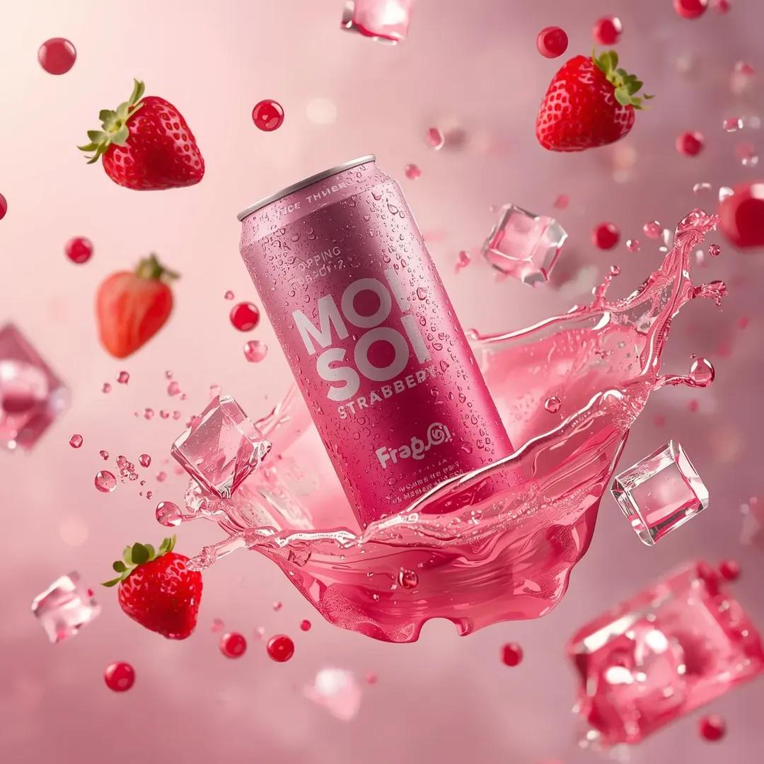 超逼真商业饮料广告拍摄：标有“MOI SOI – POPPING BOBA STRAWBERRY”字样的高铝罐斜向悬浮在空中。罐体采用充满活力的草莓粉色设计，带有光泽金属反光，表面覆盖着新鲜冷...