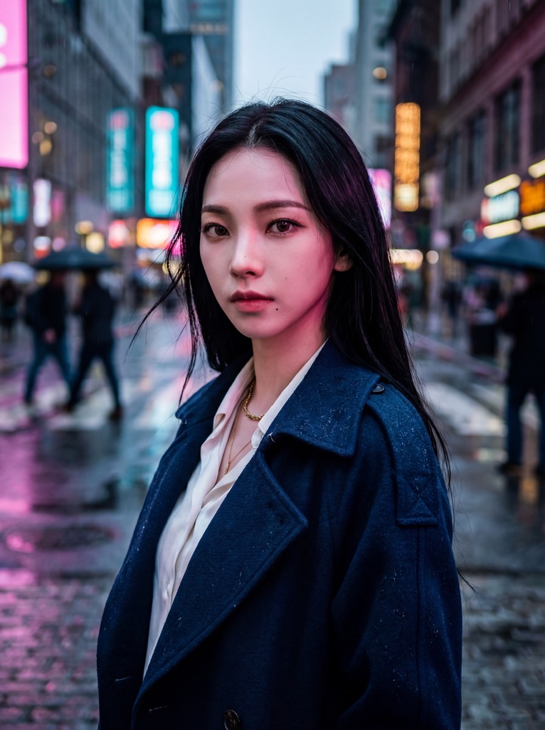 { "image_generation_prompt": { "subject": "25岁的韩国女性，aespa组合的柳智敏（Karina），轮廓分明、极具冲击力的V型脸部特征，一颗精致的美...