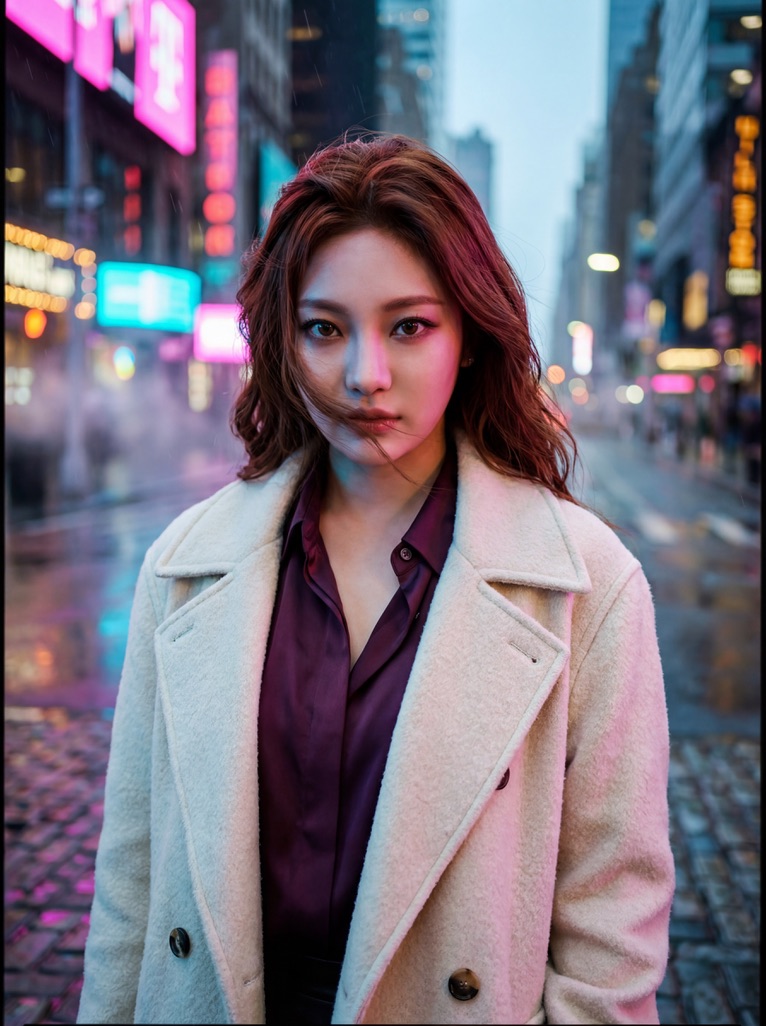 { "image_generation_prompt": { "subject": "25岁的韩国女性，aespa组合的柳智敏（Karina），轮廓分明、极具冲击力的V型脸部特征，一颗精致的美...