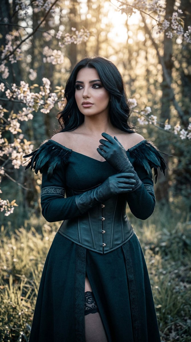 one striking dark-haired fantasy woman with refined features and commanding calm presence, natur...