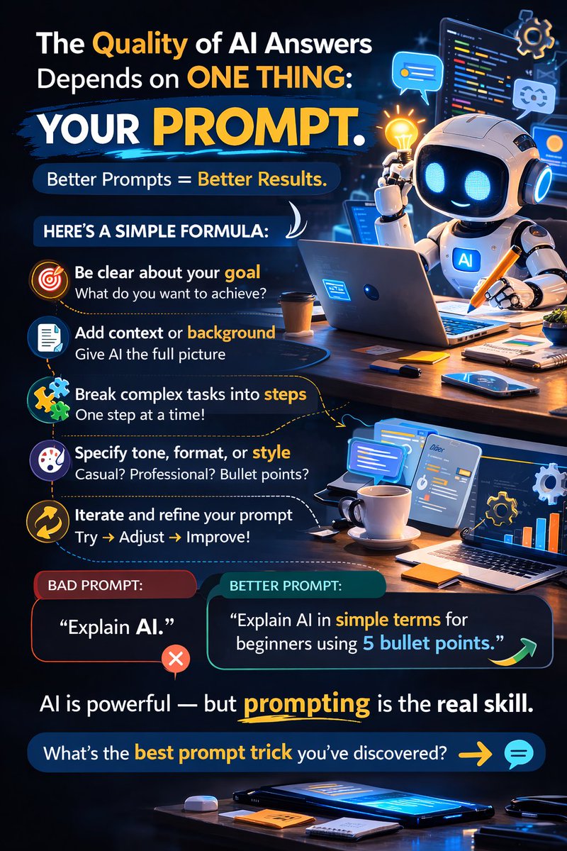 “解释一下 AI。” 更好的提示： “用简单的语言，分 5 个要点向初学者解释 AI。” AI 本身很强大 —— 但真正的关键在于提示技巧。 你发现过最好用的提示技巧是什么？👇