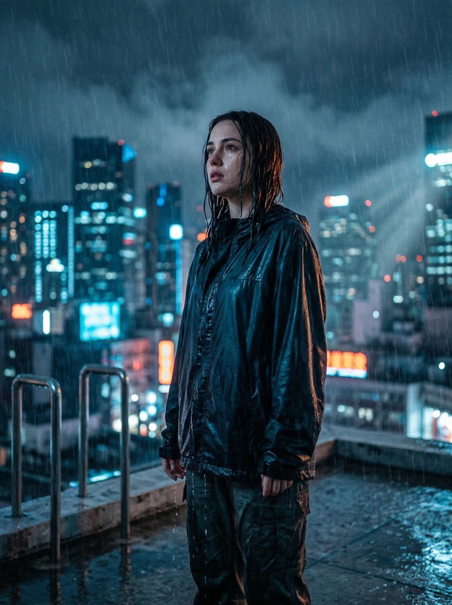 电影感屋顶夜景场景，大雨倾盆，一位孤独的年轻男子/女子站在现代都市屋顶边缘附近，戏剧性的低角度仰拍，暴雨倾泻，雨水顺着脸颊和湿透的衣服流淌，湿发紧贴皮肤，背景城市天际线灯光化为柔和的散景（bo...