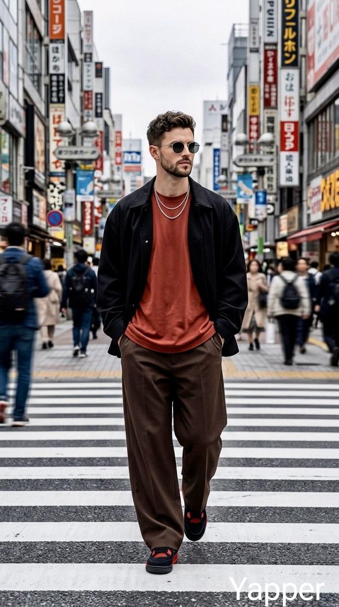 时尚年轻男子自信地穿过繁华的城市十字路口,背景是充满活力的日本街区,戴着圆形墨镜,身穿铁锈红色宽松T恤、黑色休闲夹克,佩戴层叠银色项链,下着休闲棕色长裤,脚踩带红色点缀的黑色运动鞋,双手插兜,...