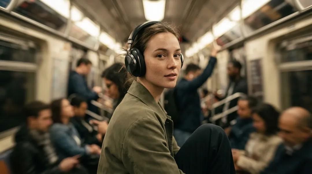 照片级写实风格的奢华广告大片：一位女性模特身处拥挤的地铁车厢中，一只手轻轻将高端无线头戴式耳机调整至耳边，头部微微低垂，眼神向侧面望去，带着沉思而富有电影感的表情，周围川流不息的人群被虚化，前...