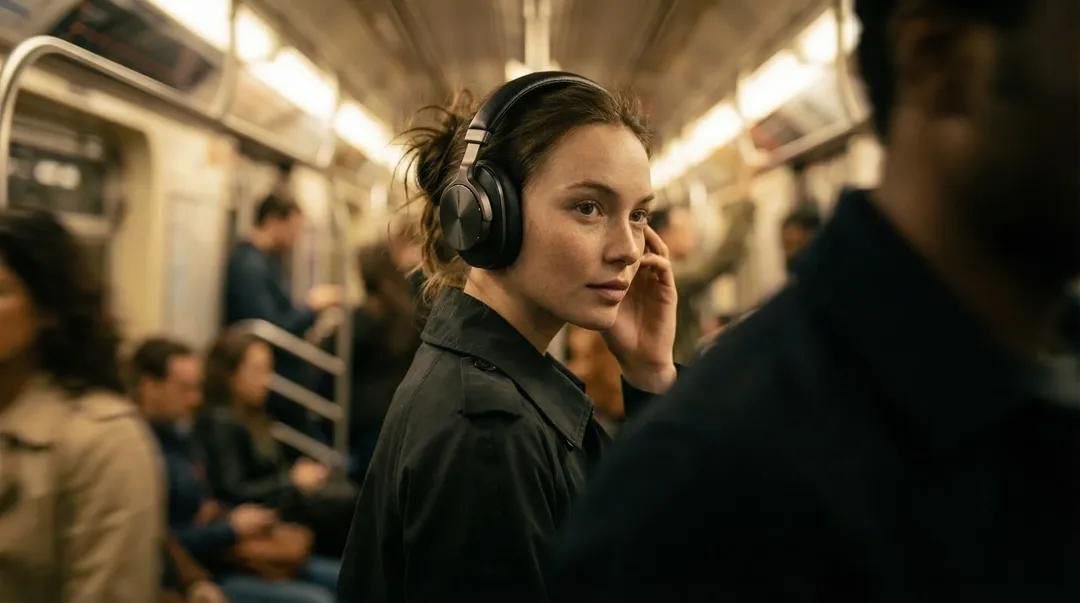 照片级写实风格的奢华广告大片：一位女性模特身处拥挤的地铁车厢中，一只手轻轻将高端无线头戴式耳机调整至耳边，头部微微低垂，眼神向侧面望去，带着沉思而富有电影感的表情，周围川流不息的人群被虚化，前...