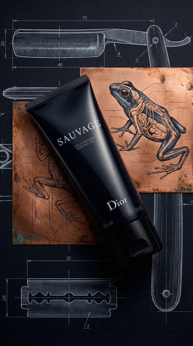 奢华产品摄影：一支哑光黑色剃须凝胶管，标签上印有“SAUVAGE”和“Dior”，斜放在两块古铜色铜板上，铜板上雕刻着复古解剖学青蛙插图（一只青蛙骨骼图，一只青蛙轮廓图）。背景为深海军蓝技术蓝...