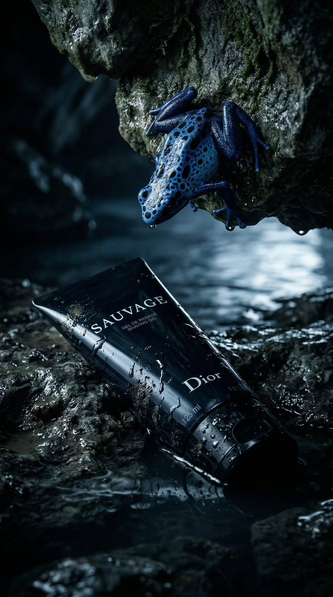奢华产品摄影：一支哑光黑色剃须凝胶管，标签上印有“SAUVAGE”和“Dior”，斜放在两块古铜色铜板上，铜板上雕刻着复古解剖学青蛙插图（一只青蛙骨骼图，一只青蛙轮廓图）。背景为深海军蓝技术蓝...