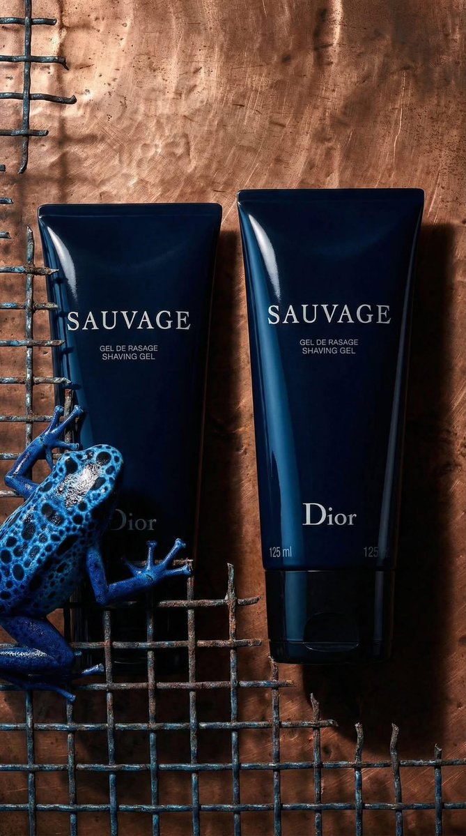 奢华产品摄影：一支哑光黑色剃须凝胶管，标签上印有“SAUVAGE”和“Dior”，斜放在两块古铜色铜板上，铜板上雕刻着复古解剖学青蛙插图（一只青蛙骨骼图，一只青蛙轮廓图）。背景为深海军蓝技术蓝...