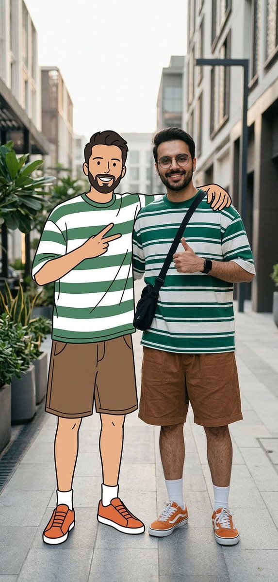 一个电影感的街头时尚场景,画面中的我与上传的图片保持着完全相同的面部和身体特征,旁边站着我的二维卡通插画版本,两者自然互动。我戴着圆框眼镜,穿着绿白条纹大号T恤、宽松的棕色短裤、白色袜子、橙色...