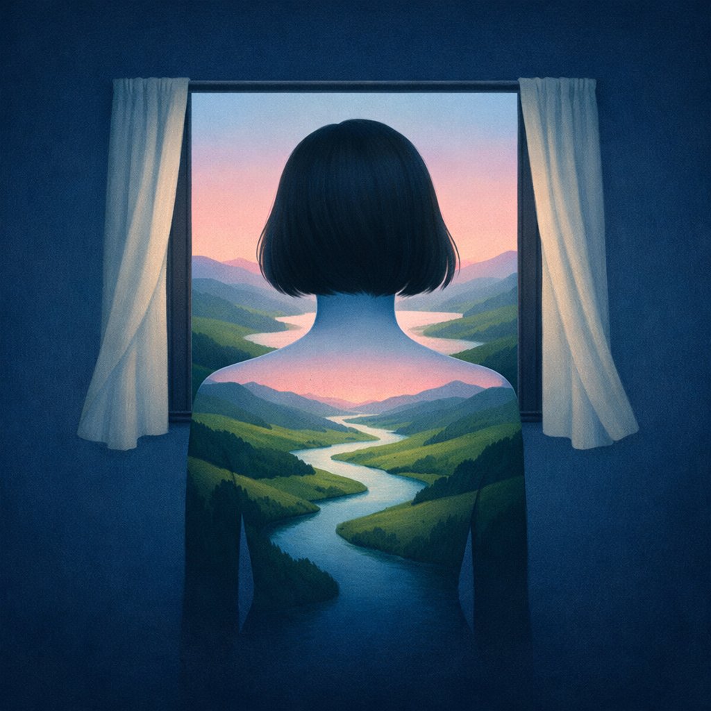 一幅概念超现实插画，描绘一位完全背对视角的女性，站在一扇两侧带有柔软窗帘的简易长方形窗前，悬浮在深蓝色虚空中。摄像机从背后正对着拍摄，只显示她的头部、肩膀和上背部。她的轮廓内充满了由河流和连绵...