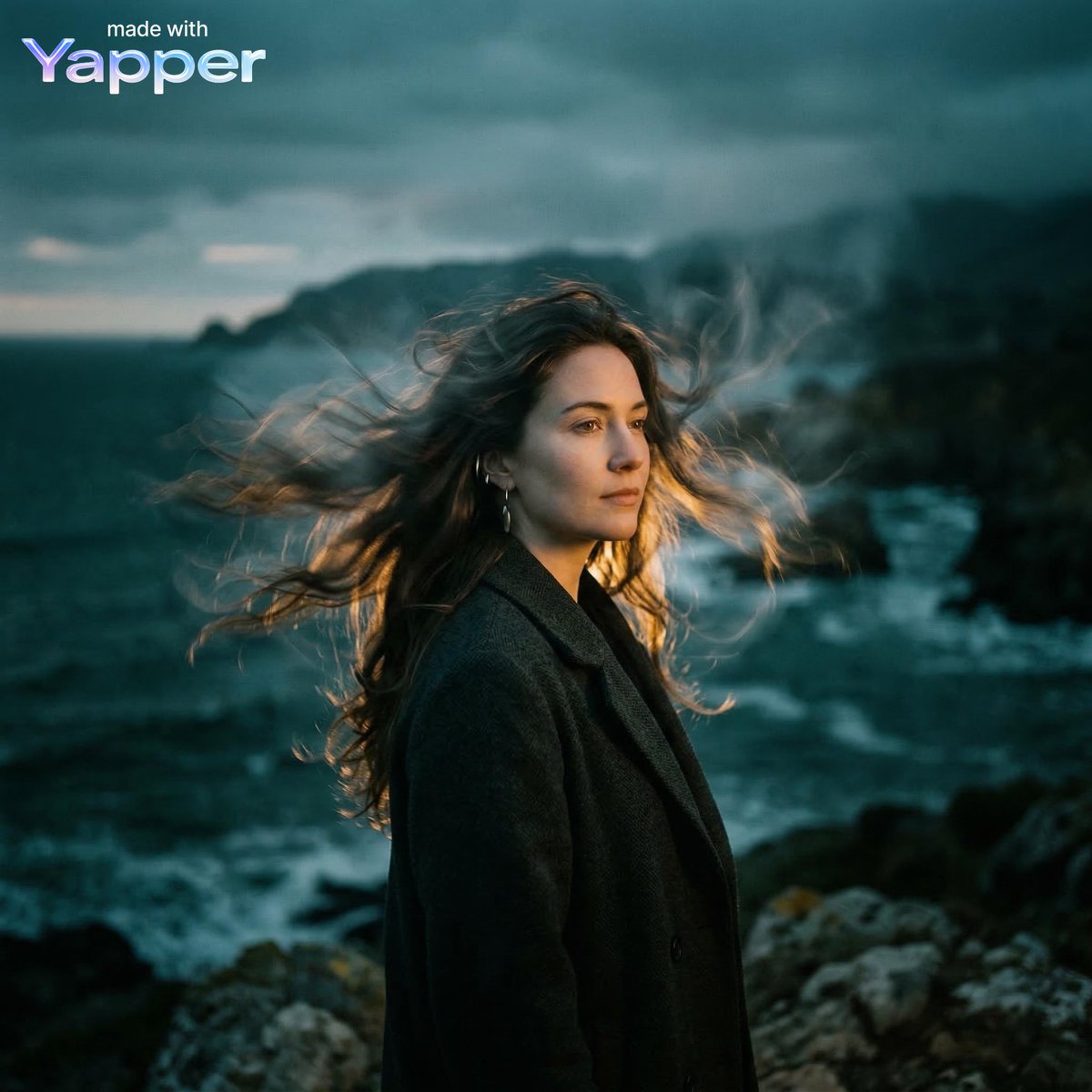 创作一张电影感长曝光人像：一位女性的头发被风吹拂，向外流动形成柔和的运动轨迹，发丝在她头部周围形成幽灵般的波纹，深青绿色阴影衬托出温暖的金色轮廓光，带有大气薄雾和胶片颗粒感，是带有梦幻动感的时...