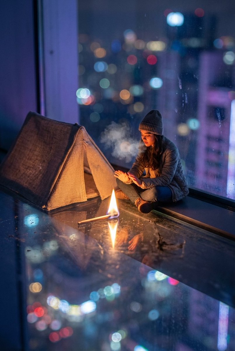 一个温馨、超现实的场景：一位微小的露营者在摩天大楼窗台的边缘搭起帐篷，悬于夜晚模糊的城市高空。主体以上传的面部作为参考，正就着一根火柴头燃起的火焰暖手。玻璃表面映出下方城市灯光的虚化光斑（Bo...