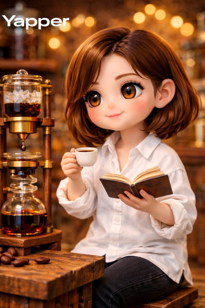 舒适、怀旧、手工打造的微型世界, 温暖金色环境光，柔和散景, 温馨复古咖啡店立体模型, 微型手工立体场景，搭配照片级真实材质, 9:16 竖版, 对焦清晰于Q版女孩的脸庞与正在下落的咖啡滴,...