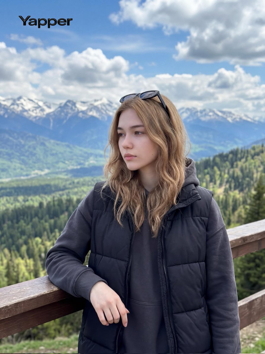 年轻女性站在风景优美的山间观景点, 轻轻倚靠在木质栏杆上，双手自然地交叠在一起, 平静而沉思的表情, 目光微微侧向远处的群山, 自然阳光, 柔和...