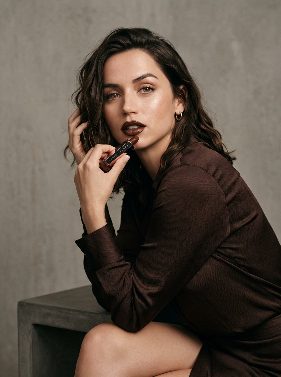 魅力四射、超写实的美妆广告, 安娜·德·阿玛斯 (Ana de Armas), 电影质感，搭配柔和的高光与镜面反射, 3:4, 250, 6, Hasselblad（哈苏）, 极简风格的中性灰...