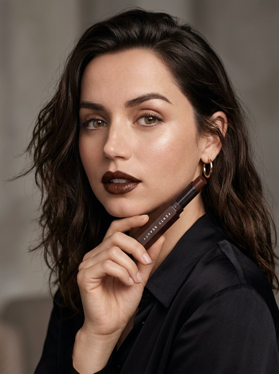 魅力四射、超写实的美妆广告, 安娜·德·阿玛斯 (Ana de Armas), 电影质感，搭配柔和的高光与镜面反射, 3:4, 250, 6, Hasselblad（哈苏）, 极简风格的中性灰...