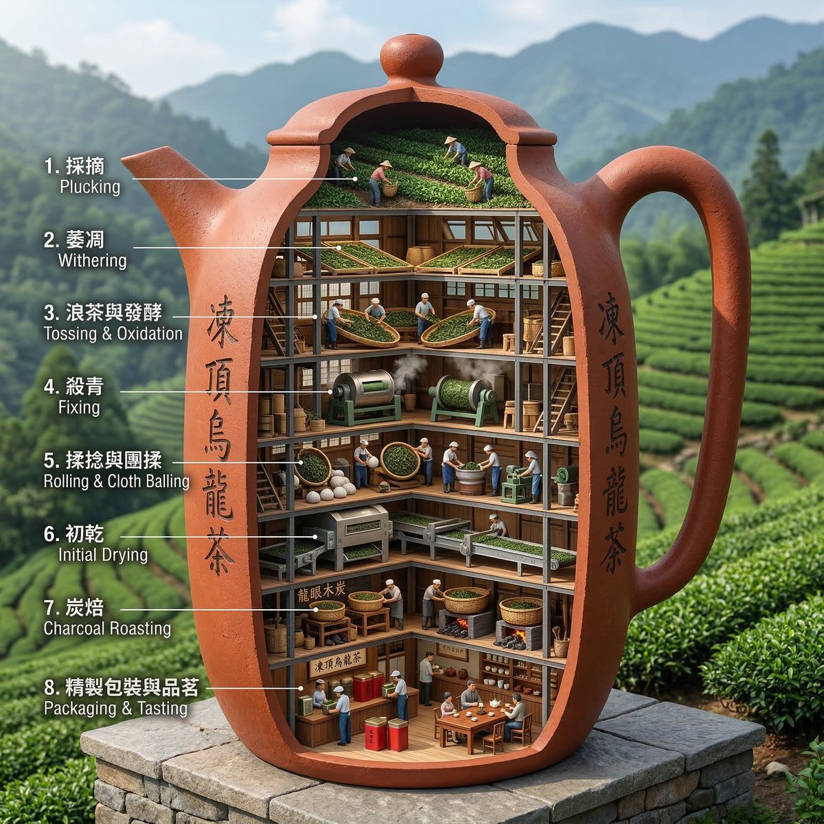 主題: 凍頂烏龍茶 巨型紅陶茶壼，剖面顯示出內部空間由上至下分成數層工作場合， 最上層採收集中原料茶葉，最下層製作及提供茶歛，中間依實際製茶過程依序顯示不同工作場合層 a hyper-real...