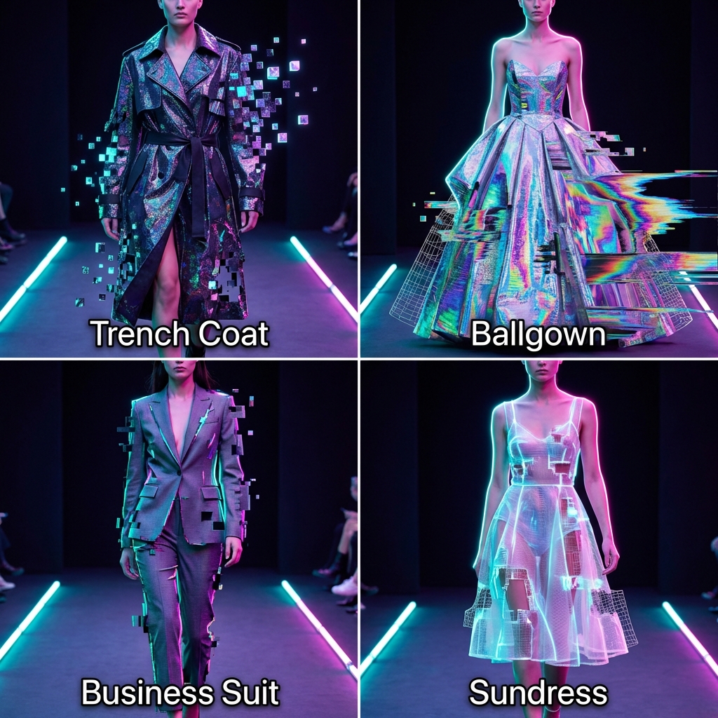 说明： 输入 = 服装类型（例如，风衣 Trench Coat、晚礼服 Ballgown、商务套装 Business Suit、太阳裙 Sund...