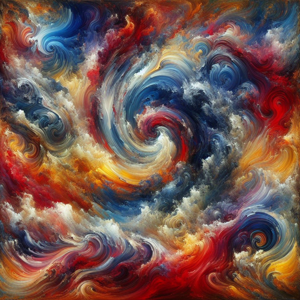 创作一幅抽象艺术作品，模拟杰克逊·波洛克滴画技法的爆炸性能量与瓦西里·康定斯基通感交响乐的融合，画布上旋涡状的鲜艳颜料在节奏性的混沌中起舞，每一处飞溅、泼洒和滴落都成为视觉奏鸣曲中的一个音符，...