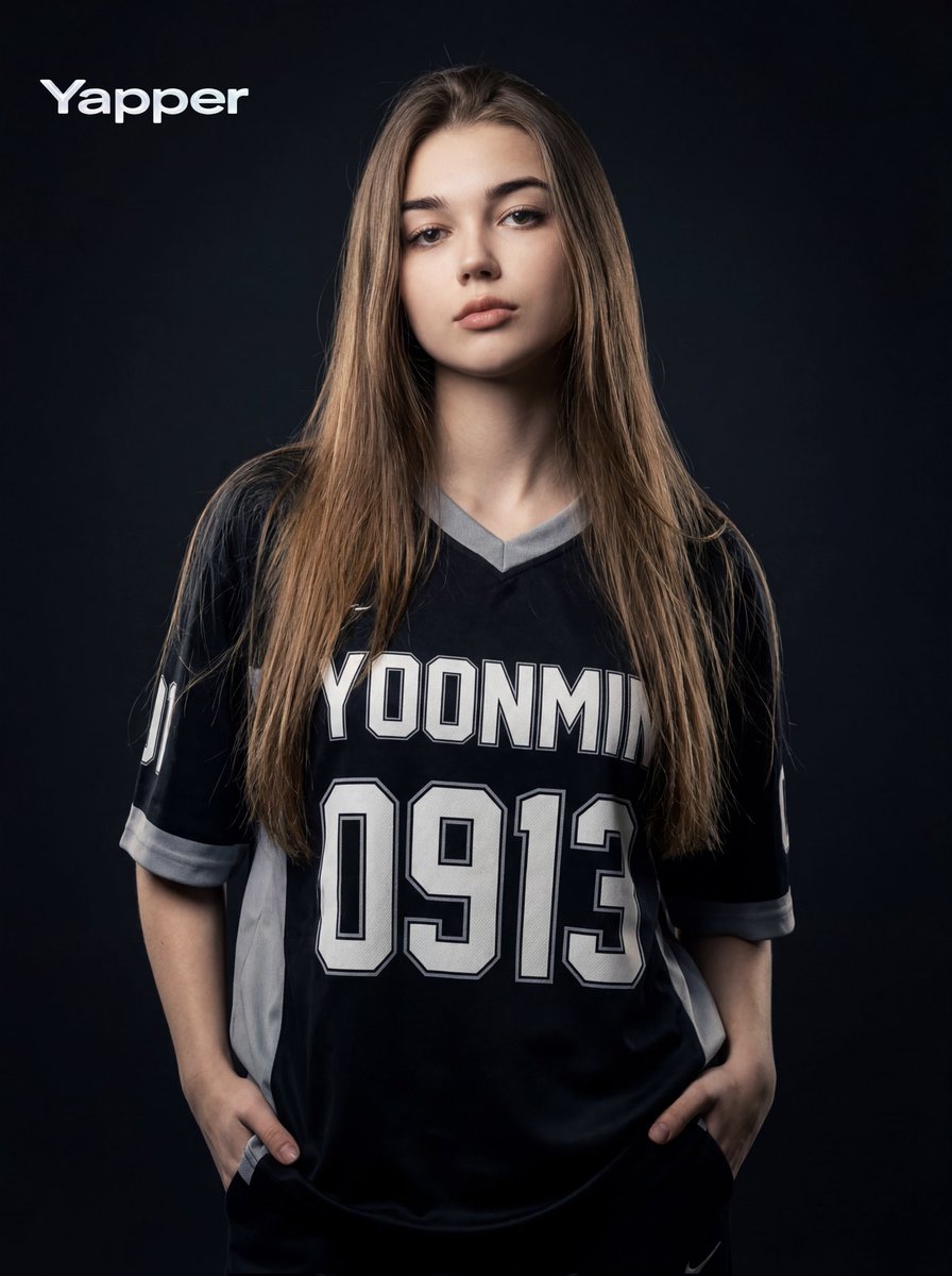 时尚年轻女性身穿深色运动球衣,站立于摄影棚场景中, 直立站立,双手插袋, 平静自信的表情, 直视镜头, 摄影棚灯光, 柔和正面主光,搭配细微的侧逆轮廓光, 情绪化的电影感灯光,在头发与面部形成...