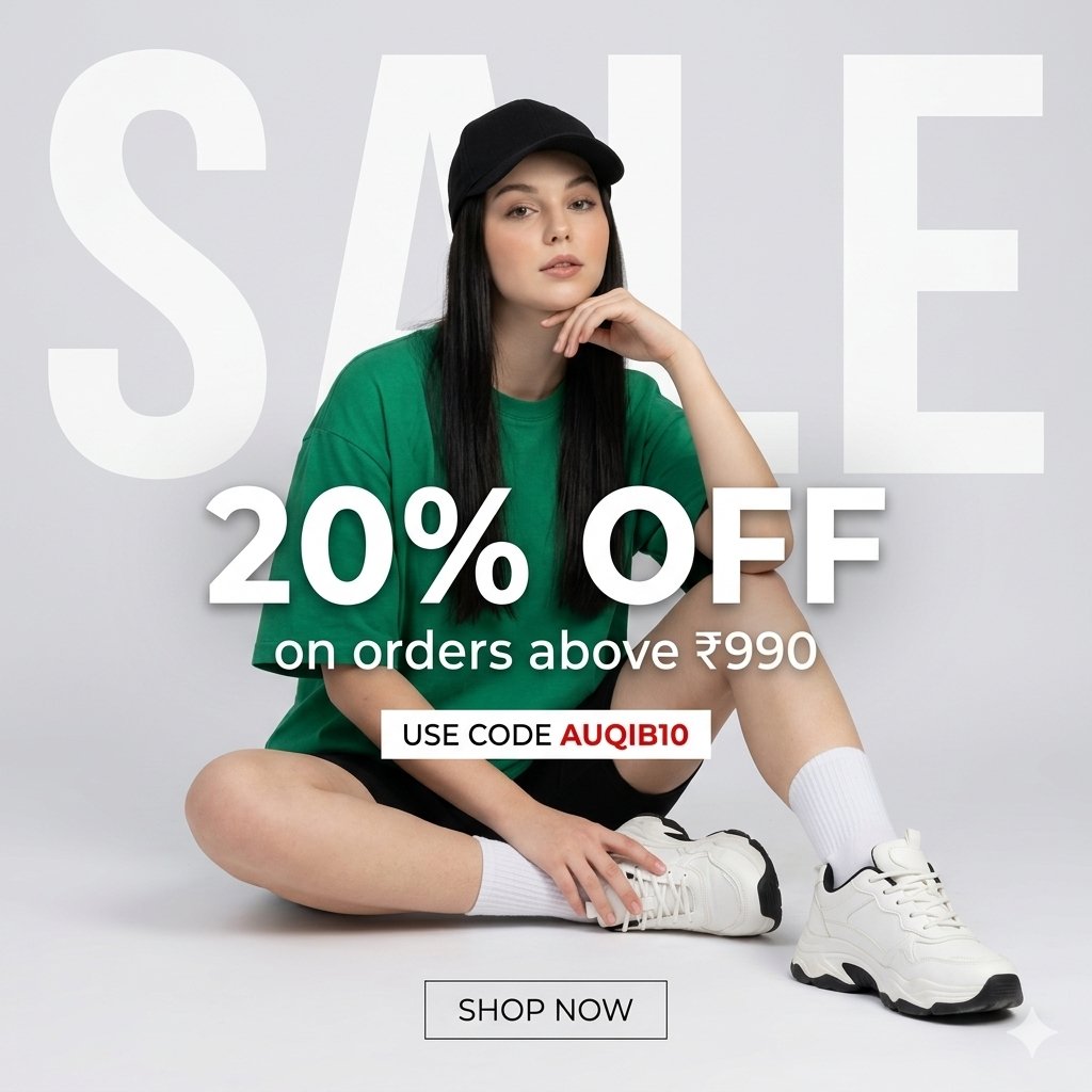 在浅灰色摄影棚背景上制作一个简洁现代的时尚促销广告。 构图： 一位年轻的女时装模特坐在地面上，姿态放松，身体微微前倾。一只膝盖向上弯曲，另一条腿向外伸展。一只手轻靠在下巴附近，另一只手触碰鞋子...