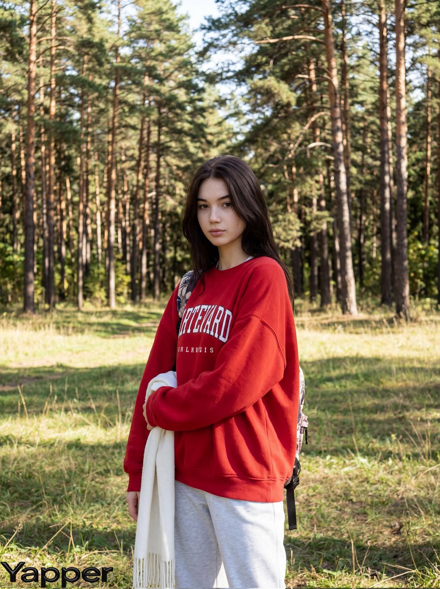 年轻女子伫立于宁静的松林中, 轻松地站立在草地上，一只手臂搭着白色围巾，肩背背包带, 平静中性、略带严肃的表情, 直接望向镜头, 自然阳光, 柔和的顶光日光, 明亮的自然光照，草地上带有柔和的...