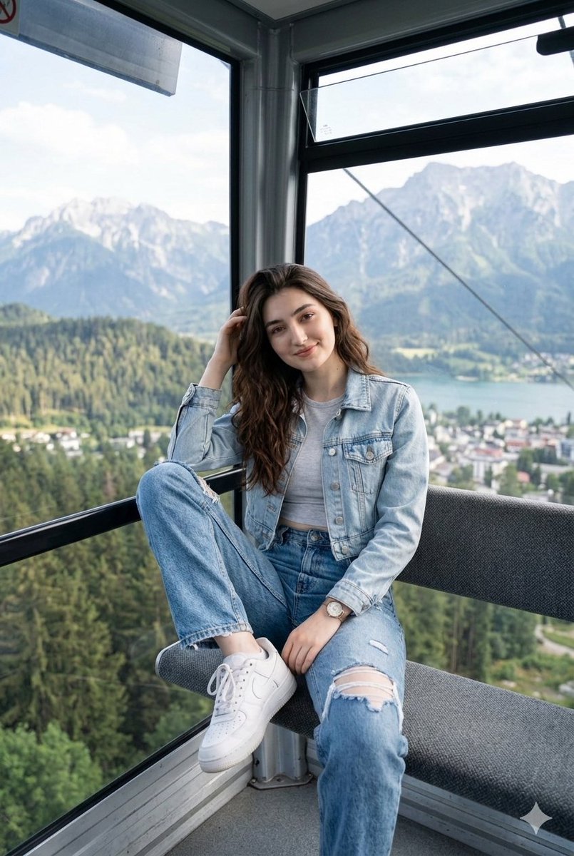 年轻女性坐在现代玻璃缆车舱内,俯瞰风景如画的景观, 随意地坐在缆车长椅上,一条腿弯曲抬起,另一条腿自然放下,一只手轻抚头发, 柔和放松的表情,...