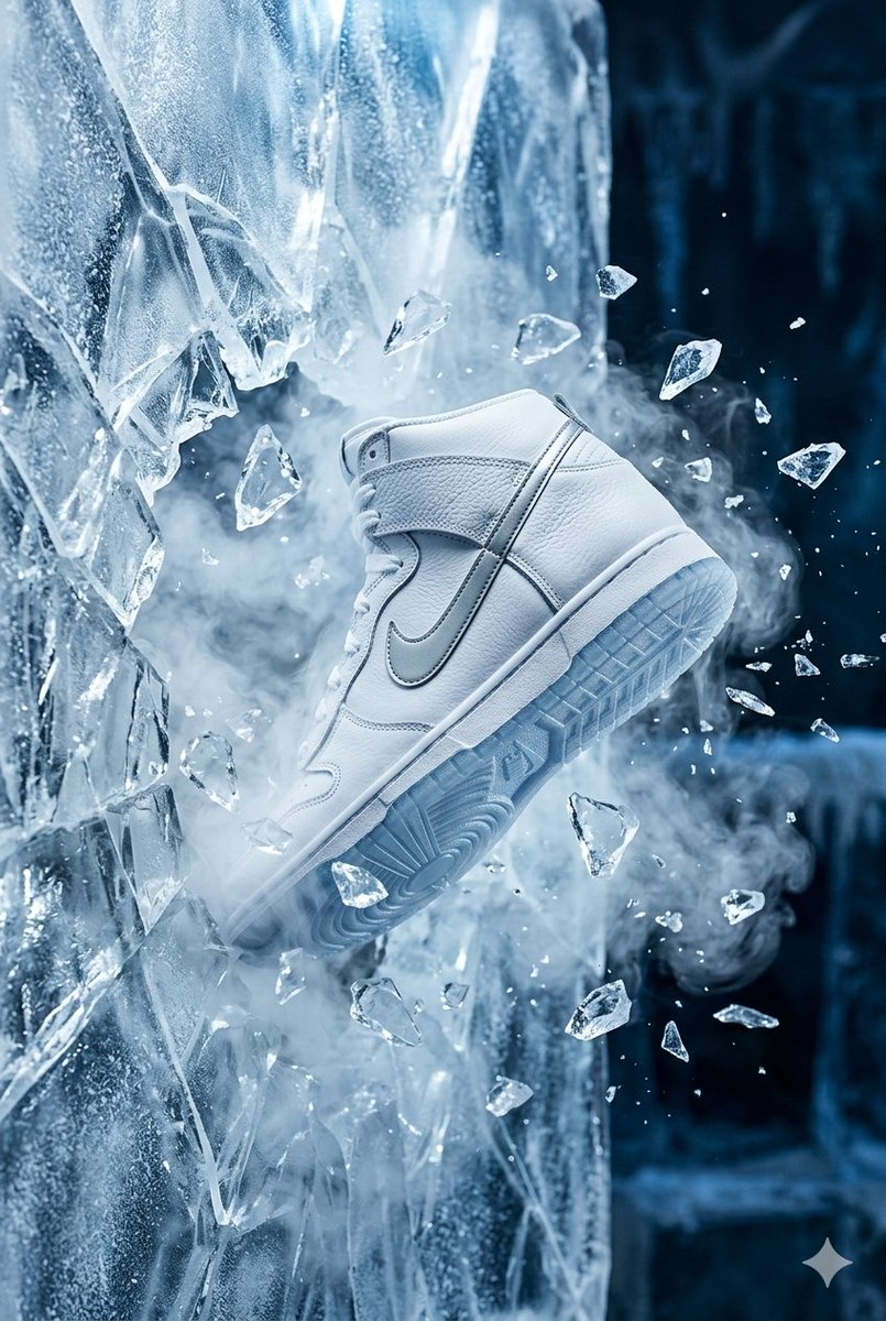Nike Dunk 球鞋, 冲破一面冰晶般的晶体墙壁, 碎片定格在半空中, 冷雾在四周盘旋缭绕, 强调通透感与速度感, 冷蓝色与白色调, 干净的构图, 反光的冰霜质感, 高端奢华质感, 2:3...
