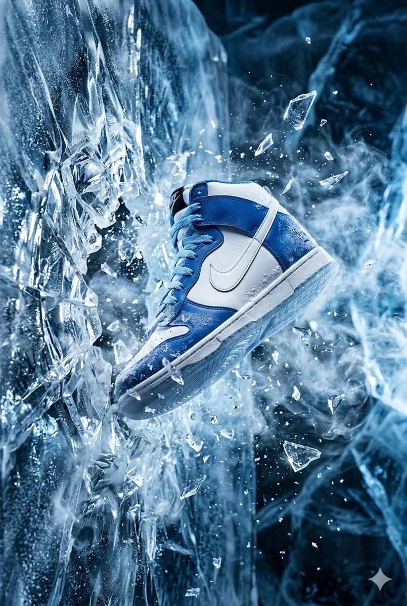 Nike Dunk 球鞋, 冲破一面冰晶般的晶体墙壁, 碎片定格在半空中, 冷雾在四周盘旋缭绕, 强调通透感与速度感, 冷蓝色与白色调, 干净的构图, 反光的冰霜质感, 高端奢华质感, 2:3...