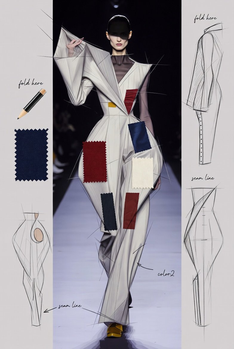 一幅时尚 T 台插画，服装灵感来自 [subject]，搭配 [color1] 和 [color2] 的高级时装面料小样，戏剧化的灯光，夸张的姿...