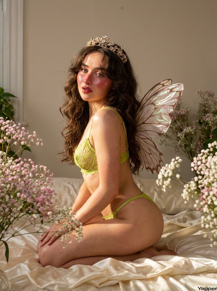 年轻女性，与萨布丽娜·卡彭特有很强的相似之处。, 浓密的波浪状深色头发，柔软的刷出质感，自然地披散在肩上。, 迷人的表情，柔和的目光，脸颊和鼻梁上有浓重的玫瑰色腮红，带有可见毛孔的露水般皮肤质...