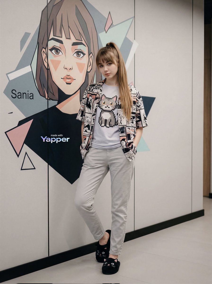 { "image_generation": { "subject": { "description": "时尚的年轻女性随意地站在现代插画壁画墙旁边", "pose": "微微倚靠在墙上，双手...